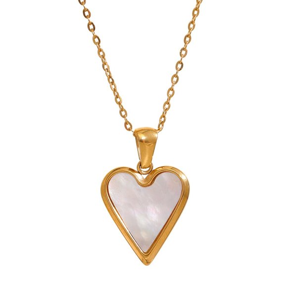 Boutique Jewelry - Mother Of Pearl Heart Pendant Necklace 18K Gold Plated Stainless Steel